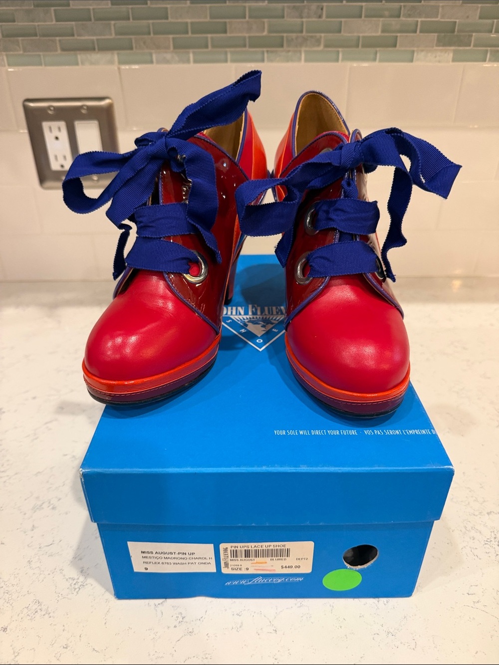 John Fluevog Miss August Pin Up Red and Orange Patent Platform Heels size 9